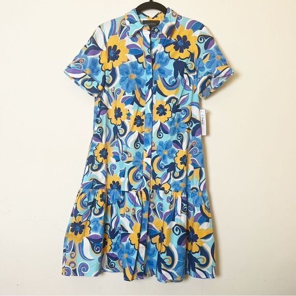 Donna Morgan Vibrant Floral Drop Waist Button-Down Shirt Dress, Sz 4 Blue - Picture 4 of 14